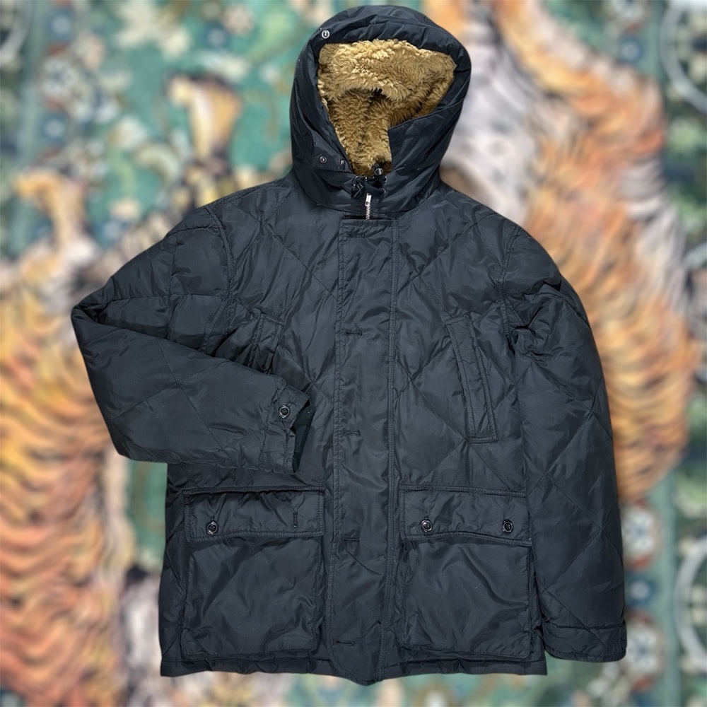 J Crew Quilted Down Puffer Jacket Coat Full Zip Sherpa Lined Hood Outdoor Black